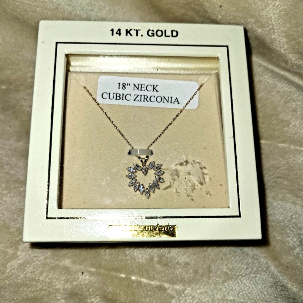 14k Yellow Gold 18inch Necklace with Cubic Zirconia Heart Shaped Pendant